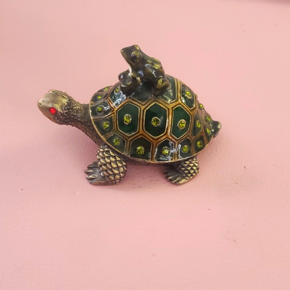 Brass Green Enamel Frog Riding a Turtle Jeweled Trinket Box - Picture 2 of 7